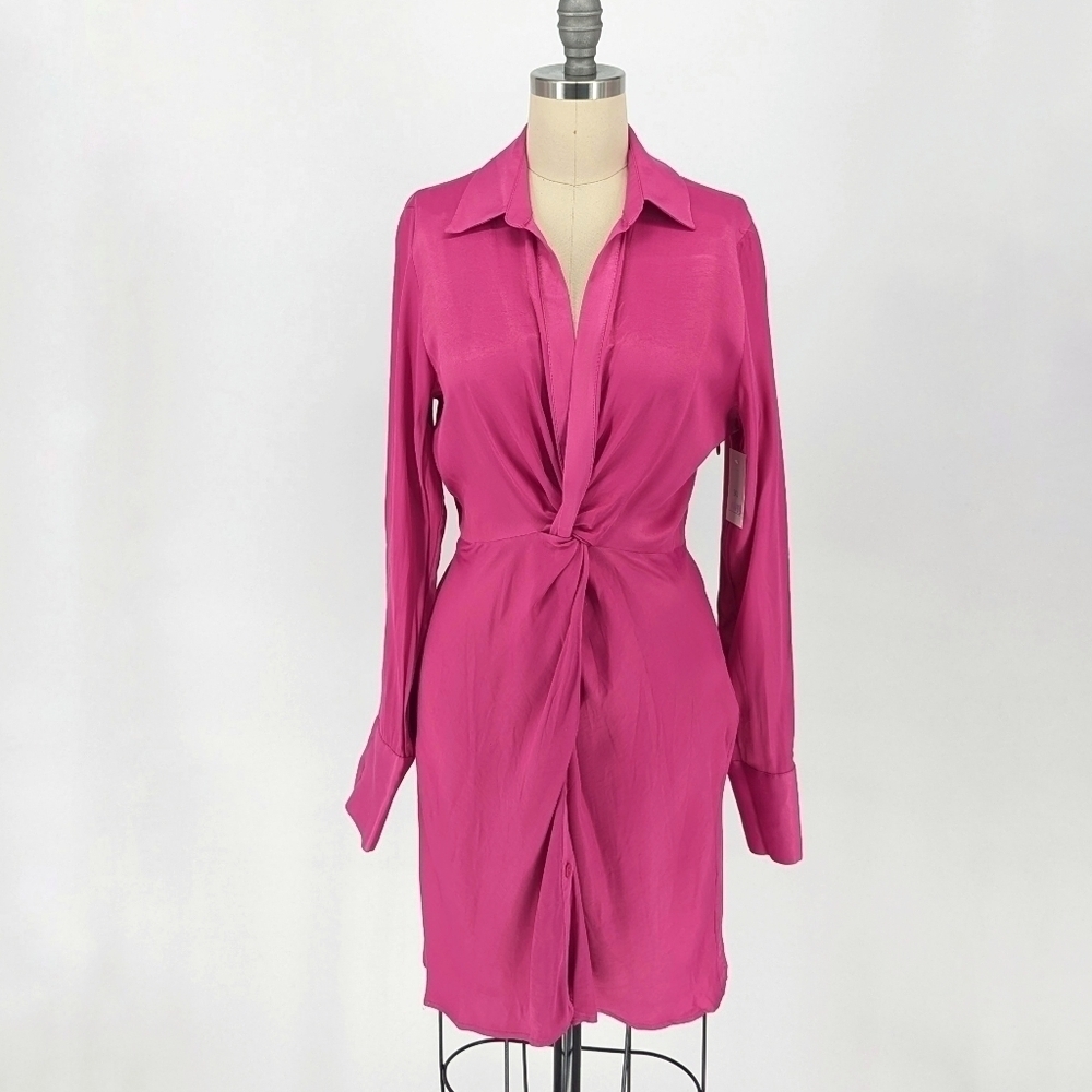 NEW Zara Satin Twist Shirtdress Pink M retro preppy Business casual barbiecore